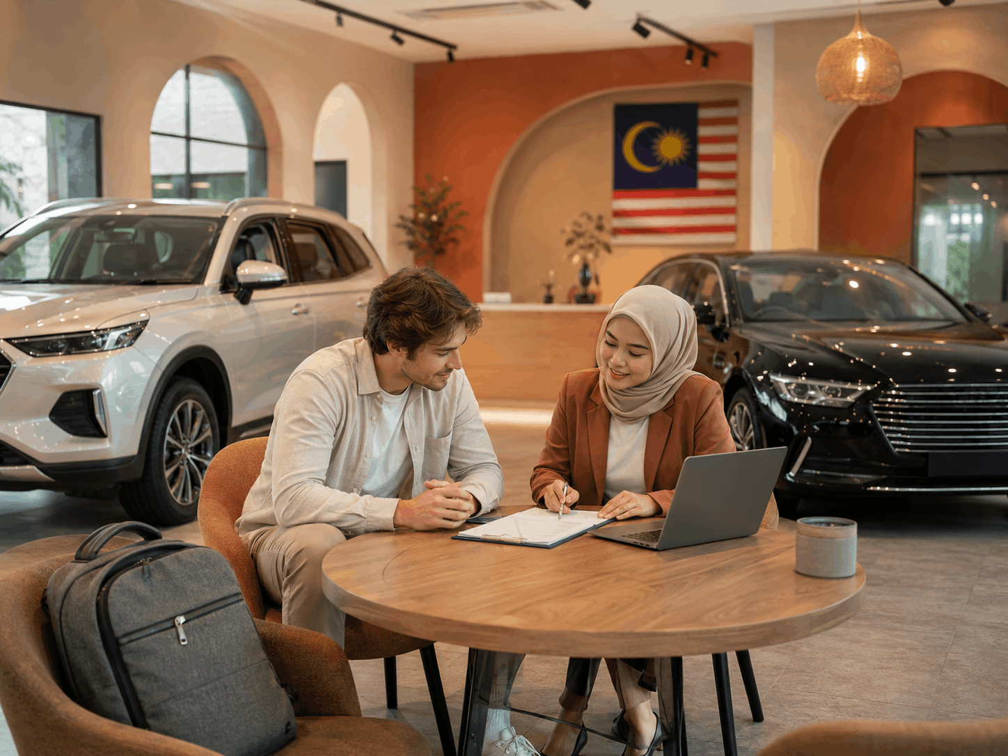 Digital nomad reviewing route details beside a rental car in Malaysia