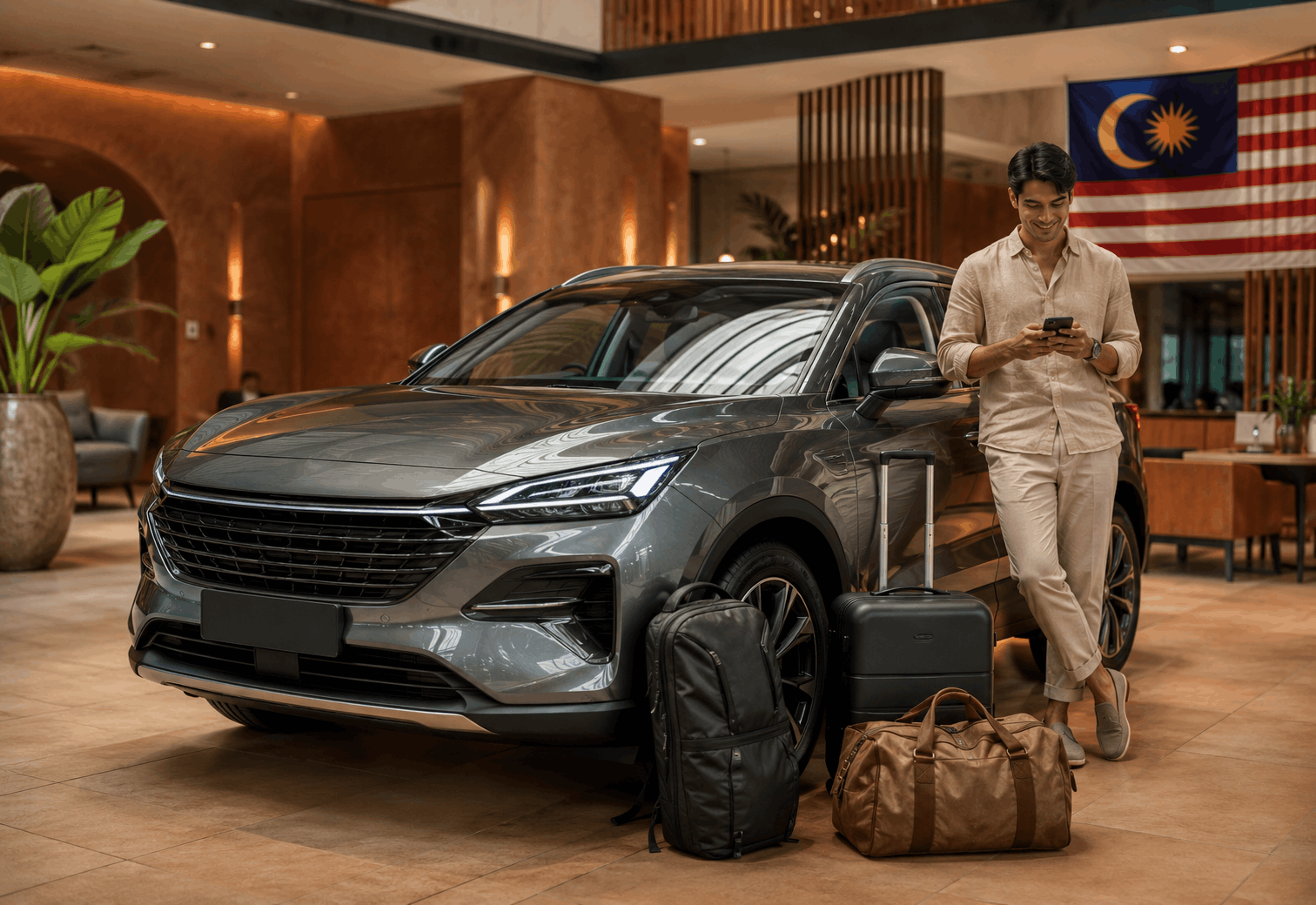 Long-term rental car for digital nomads with laptop backpack in Malaysia