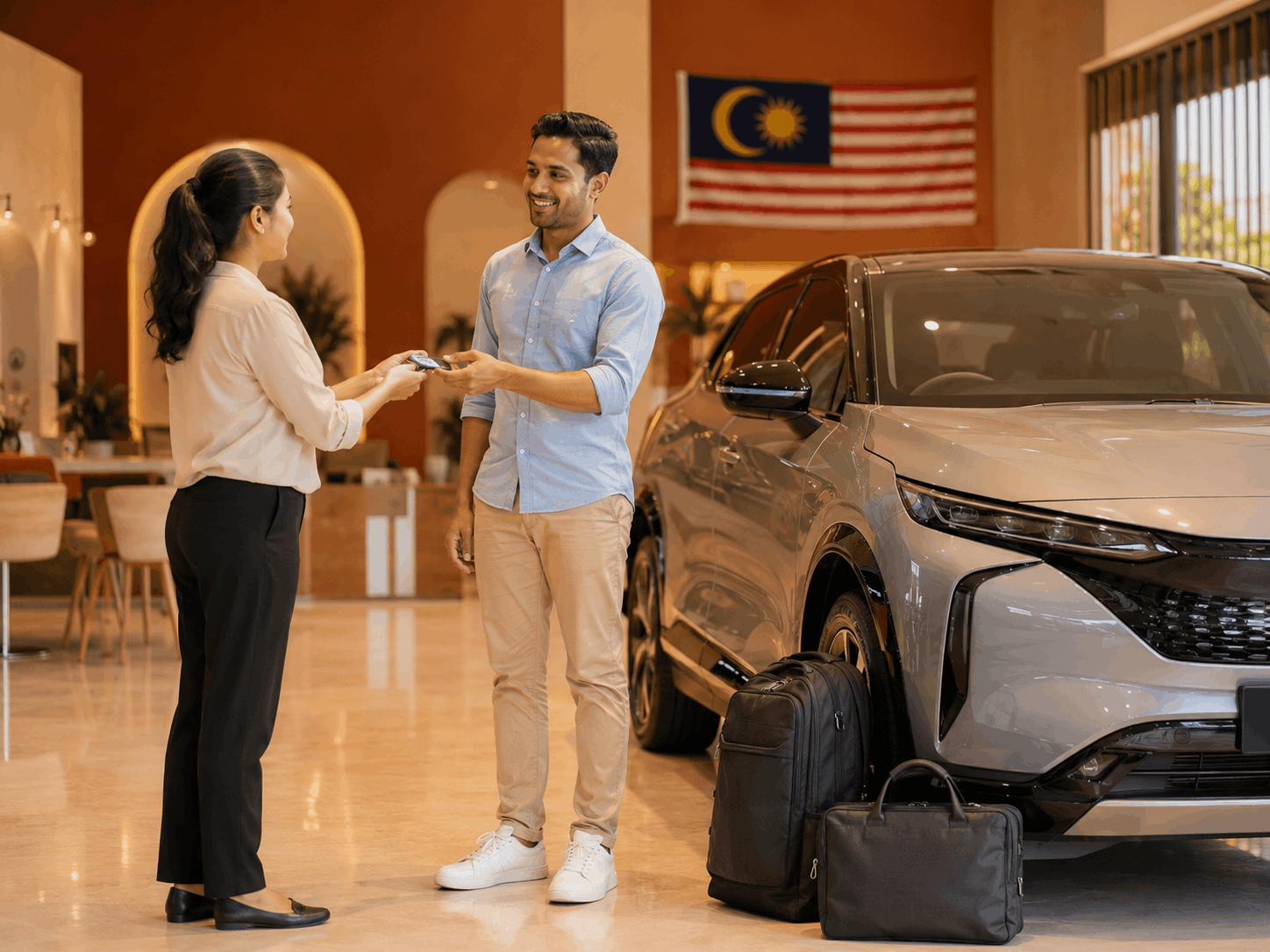 Remote worker receiving long-term rental car keys in Malaysia